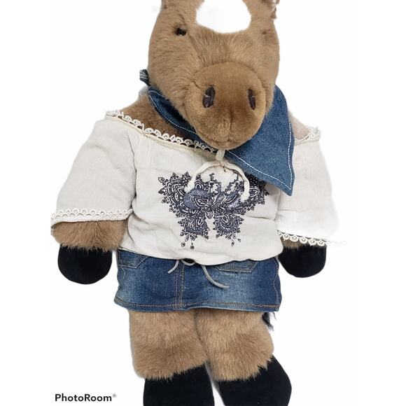 Build A Bear Country Horse / Pony Denim Skirt Bandanna & Bow BAB Stuffed Animal - Picture 4 of 7